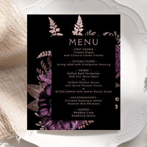 Budget Moody Floral Purple Rose Gold Wedding Menu