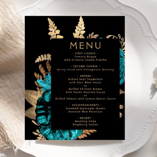 Budget Moody Floral Turquoise Gold Wedding Menu