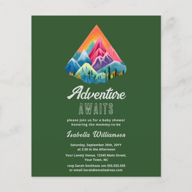 Budget Mountain Adventure Awaits Baby Shower  (Front)