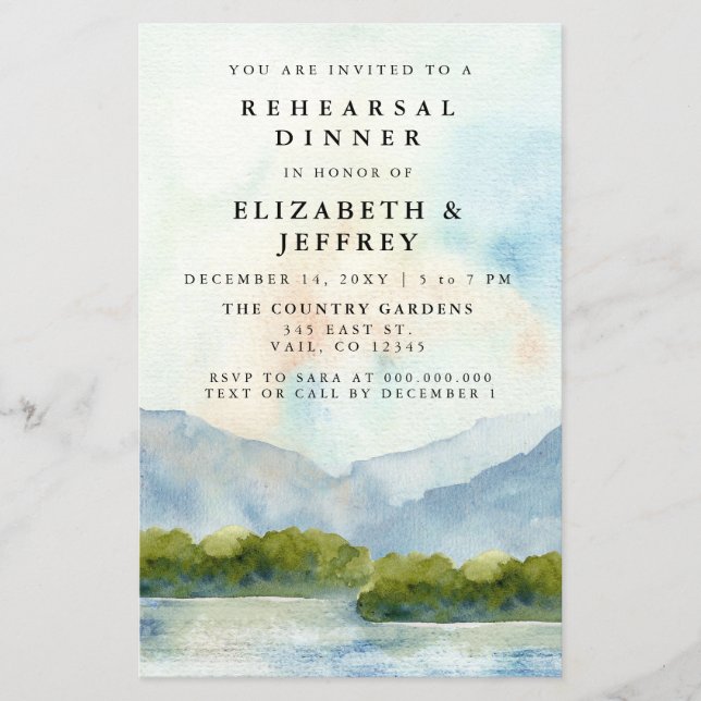Budget Mountains Lake Rehearsal Dinner Invitation (Front)
