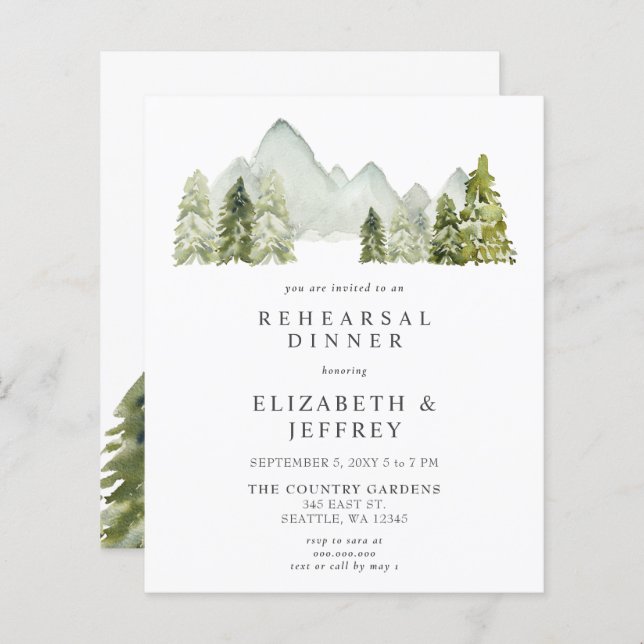 Budget Mountains Pine Rehearsal Dinner Invitation (Front/Back)