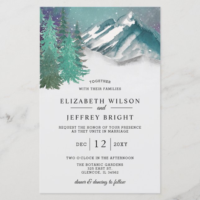 Budget Mountains Pine Winter Wedding Invitation (Front)