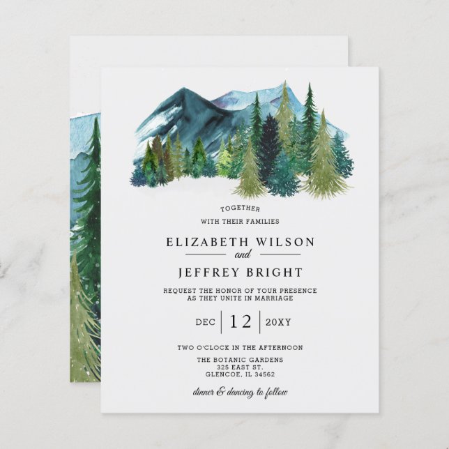 Budget Mountains Pine Winter Wedding Invitation (Front/Back)