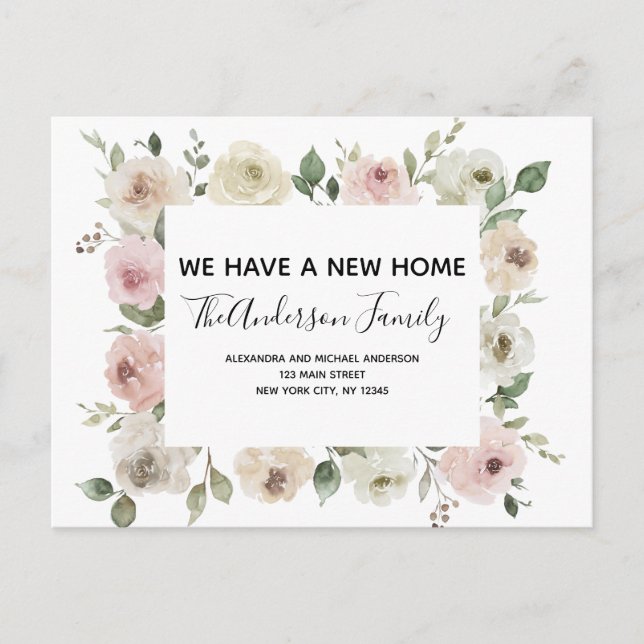 Budget Moving Announcement Dusty Pink Floral Postc Postcard (Front)
