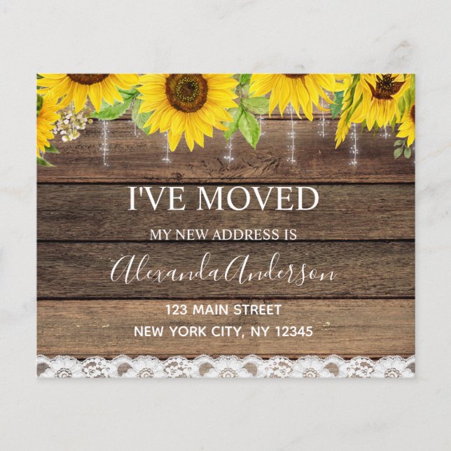 Budget Moving Announcement Rustic Sunflower Wood (Front)