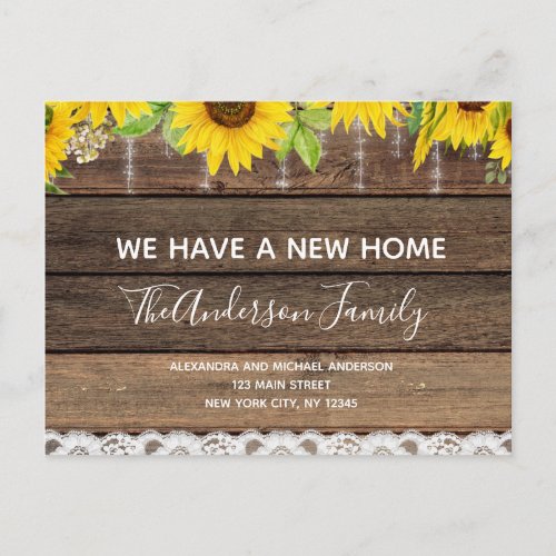 Budget Moving Announcement Rustic Sunflower Wood P Postcard