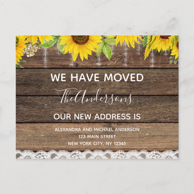 Budget Moving Announcement Rustic Sunflower Wood Postcard (Front)