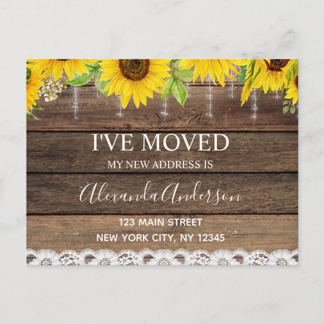 Budget Moving Announcement Rustic Sunflower Wood Postcard (Front)