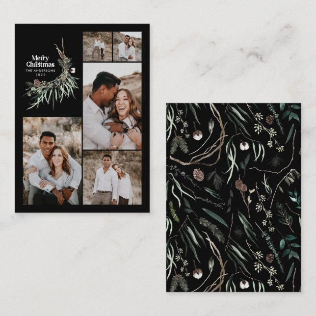 Budget multi photo botanical rustic black holiday enclosure card (Front/Back)