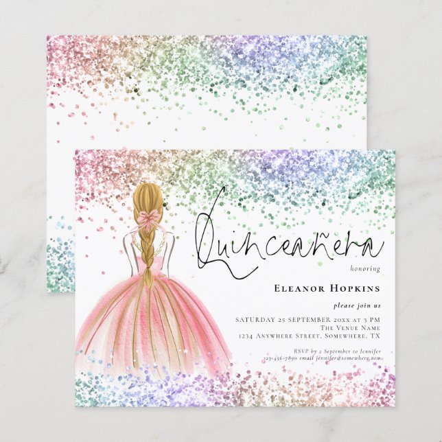Budget Multicolor Glitter Blond Quinceanera Invite (Front/Back)