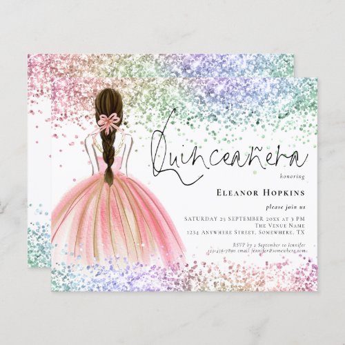 Budget Multicolor Glitter Gown Quinceanera Invite