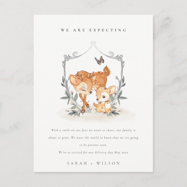 Budget Mum Deer Fawn Flora Crest Baby Announcement Postcard (Front)