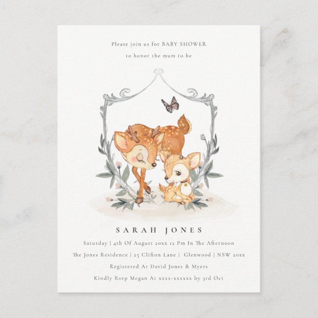 Budget Mum Deer Fawn Floral Crest Baby Shower Postcard (Front)