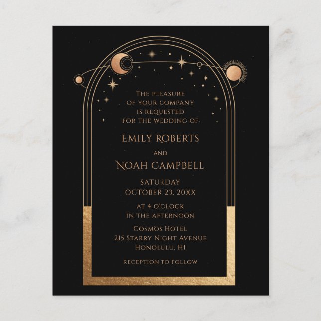 Budget Mystical Black Gold Sun Moon Photo Wedding Flyer (Front)