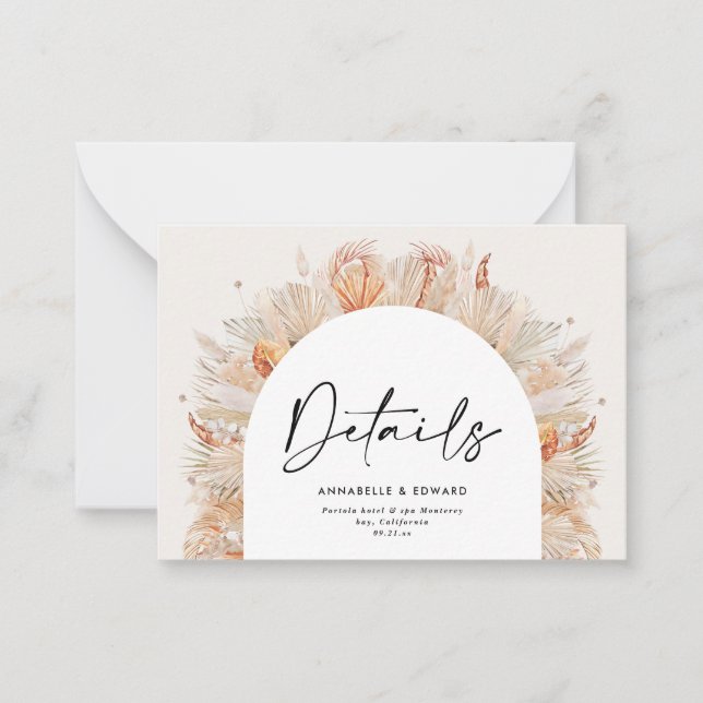 Budget Natural botanical pampas wedding details Note Card (Front)