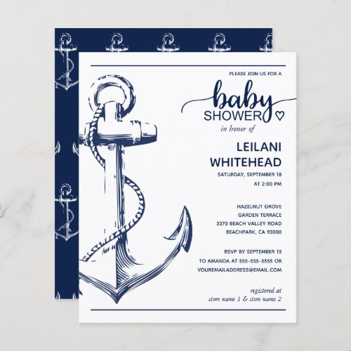 Budget Nautical Anchor Baby Boy Shower Invitation -  **PLEASE READ BEFORE PURCHASING** • Budget stationery measures 4.5" x 5.6" and fits inside an A6 envelope. You can add white envelopes to your order if they are not already selected. •  Each sheet is one invitation - no cutting is required. •  The cardstock is bright white with a semi-gloss finish and 110lbs weight (similar in thickness to a postcard thickness) which is suitable for invitations. •  We DO NOT advise you to choose the satin paper option as that is a much thinner 80lb paper, which is more like magazine pages than cardstock, this is not suitable for an invitation. •  If you'd prefer a Classic 5x7 size invitation printed on 120lb cardstock with a matte finish you can transfer this design to a Flat Card using the transfer design options. Flat cards are more expensive, but you have a wider choice of sizes, cardstock options, finishes, and they ship with standard envelopes. •  If you make changes and the design is cropped or doesn't look right on the screen, please use the Live Design Service to help you fix it. •  Your order goes directly to the printers. What you see on the screen is what will be printed and shipped to you. Please triple-check for spelling mistakes or incorrect information before you place your order.