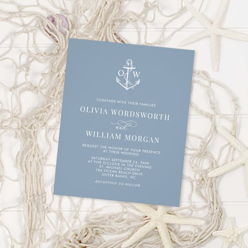 Budget Nautical Anchor Dusty Blue Wedding Invite Flyer