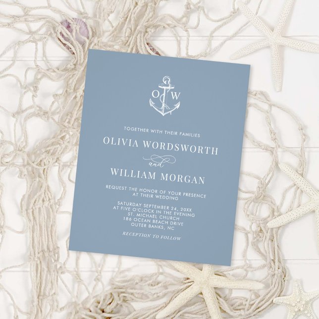 Budget Nautical Anchor Dusty Blue Wedding Invite Flyer (Creator Uploaded)