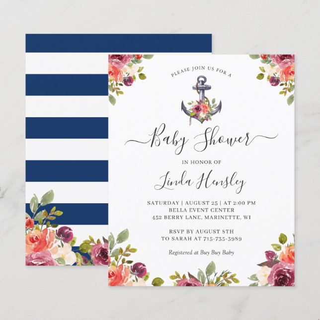 Budget Nautical Anchor Floral Baby Shower Invites (Front/Back)