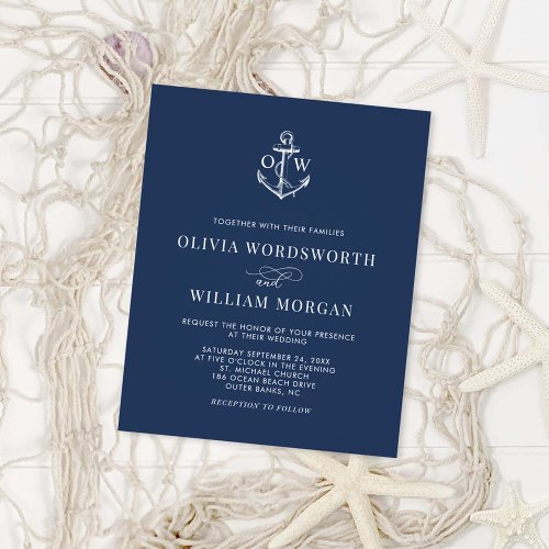 Budget Nautical Anchor Navy Blue Wedding Invite Flyer