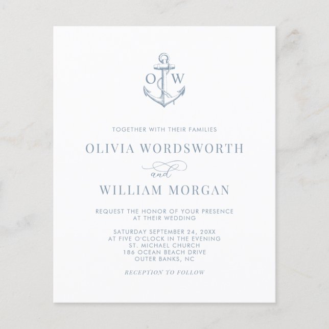 Budget Nautical Anchor Wedding Invite Blue QR Code Flyer (Front)