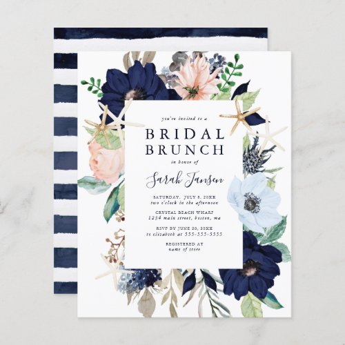 Budget Nautical Blue Floral Bridal Brunch Invite