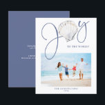 Budget Nautical Christmas Joy Seashell Holiday<br><div class="desc">This Coastal, Nautical Christmas Joy Seashell Holiday Photo features a rustic seashell as the "o" in Joy on a background of coastal white , with seaside blue text. Easy to add your photo and details for a fun Christmas card! **Our BUDGET paper is smaller, lighter, and more delicate, but still...</div>