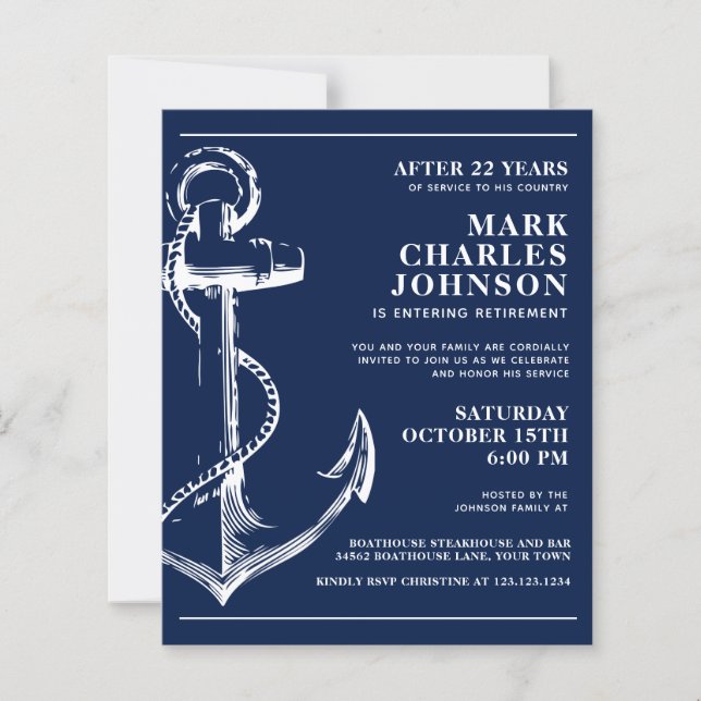 Budget Nautical Navy Anchor Retirement Invitation (Front)
