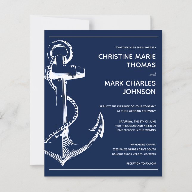Budget Nautical Navy Anchor Wedding Invitation (Front)