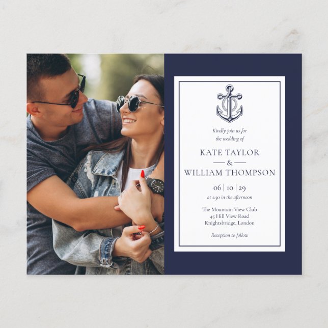 Budget Nautical Navy Blue Photo Wedding Invitation (Front)