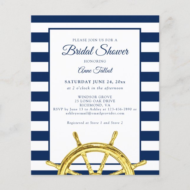 Budget Nautical Navy Gold Bridal Shower Invitation (Front)