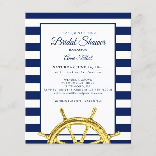 Budget Nautical Navy Gold Bridal Shower Invitation