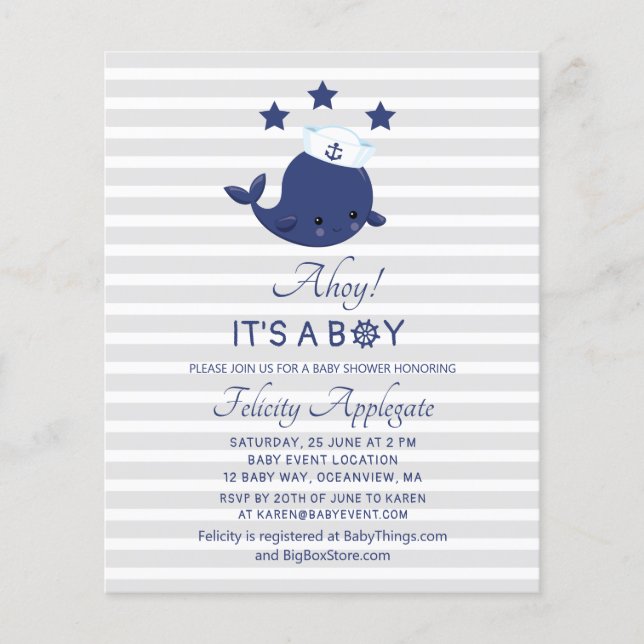 Budget Nautical Whale Ahoy Its A Boy Baby Shower (Front)