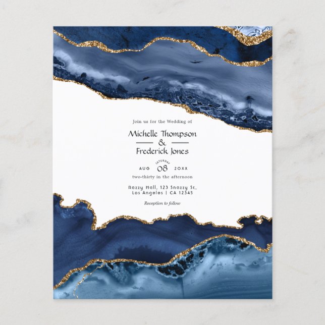 Budget Navy and Gold Agate Wedding Invitation Flyer (Front)