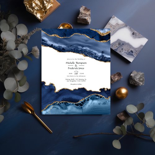 Budget Navy and Gold Agate Wedding Invitation Flyer