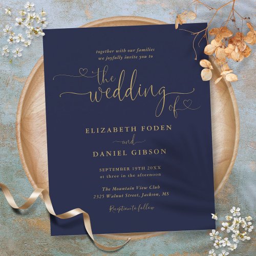 Budget Navy And Gold Hearts Script Wedding Invite