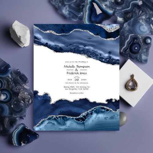 Budget Navy and Silver Agate Wedding Invitation Flyer