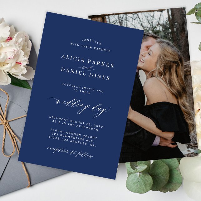 Budget navy and white photo wedding invitation (Creator Uploaded)