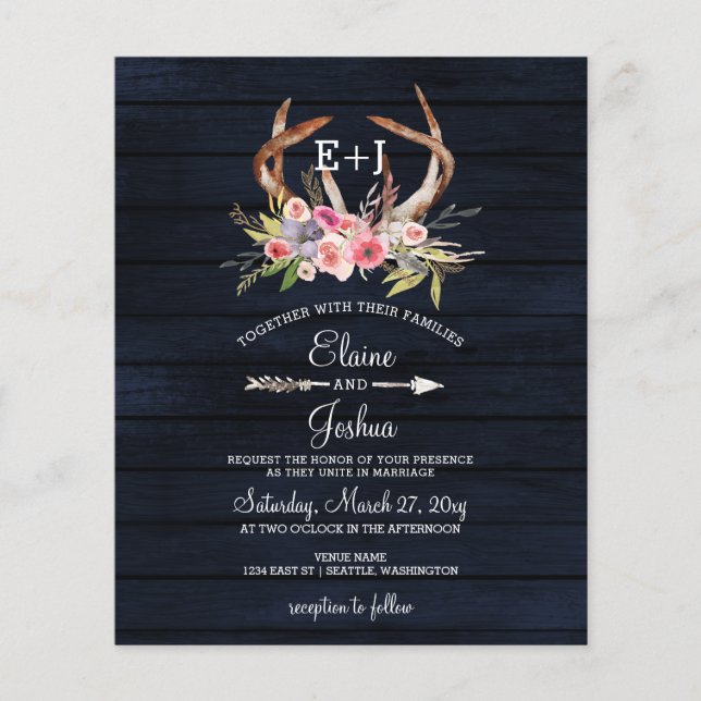 Budget Navy Antlers Country Wedding Invitation (Front)