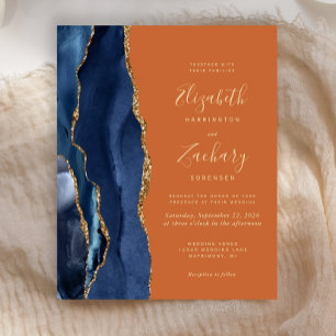 Budget Navy Blue Agate Burnt Orange Wedding Invite
