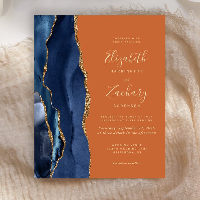 Budget Navy Blue Agate Burnt Orange Wedding Invite (Creator Uploaded)