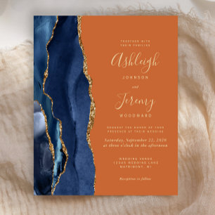 Budget Navy Blue Agate Burnt Orange Wedding Invite