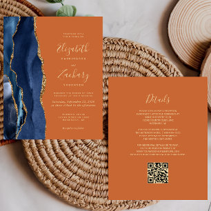 Budget Navy Blue Agate Burnt Orange Wedding Invite