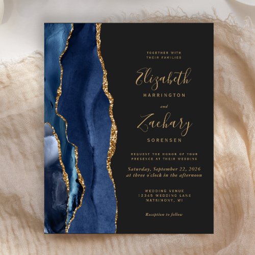 Budget Navy Blue Agate Dark Wedding Invitation