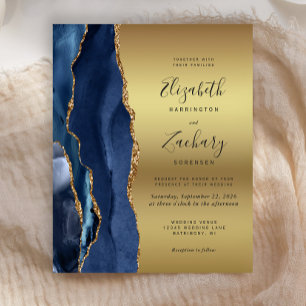 Budget Navy Blue Agate Gold Glam Wedding Invite