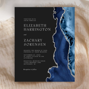 Budget Navy Blue Agate Silver Wedding Invitation