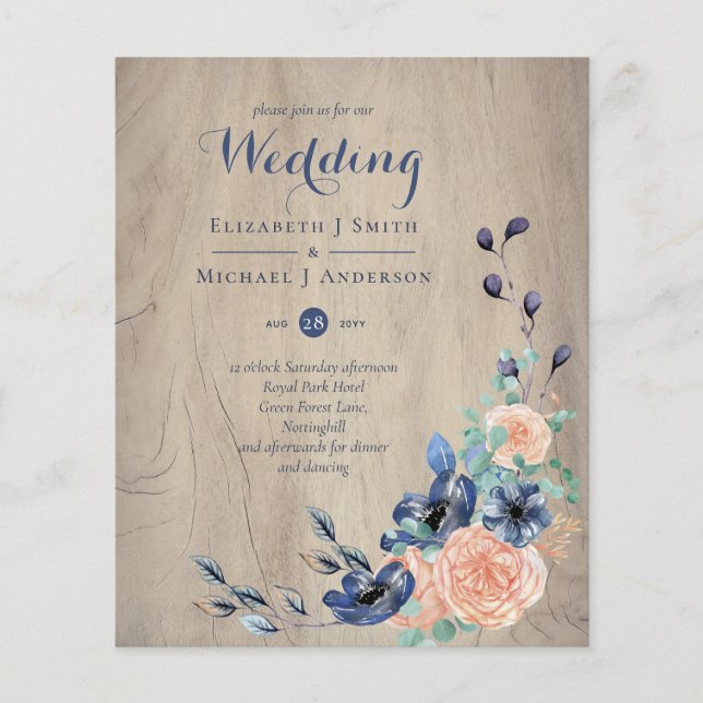 Budget Navy Blue and Coral Wedding Woodland Flyer (Front)