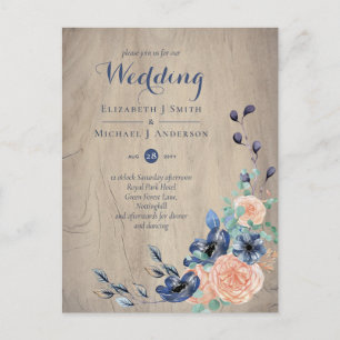 Budget Navy Blue and Coral Wedding Woodland Postcard