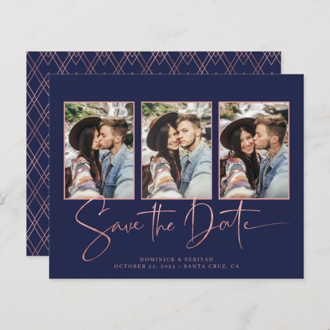 BUDGET Navy Blue Art Deco Rose Gold Save the Date (Front/Back)