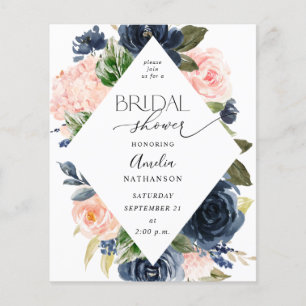 Budget Navy Blue & Blush Pink Floral Bridal Shower Flyer